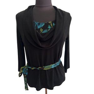 Choices Petite Black, Cowl Neck, Faux 2 pc top, 3/4 sleeves, Size MP